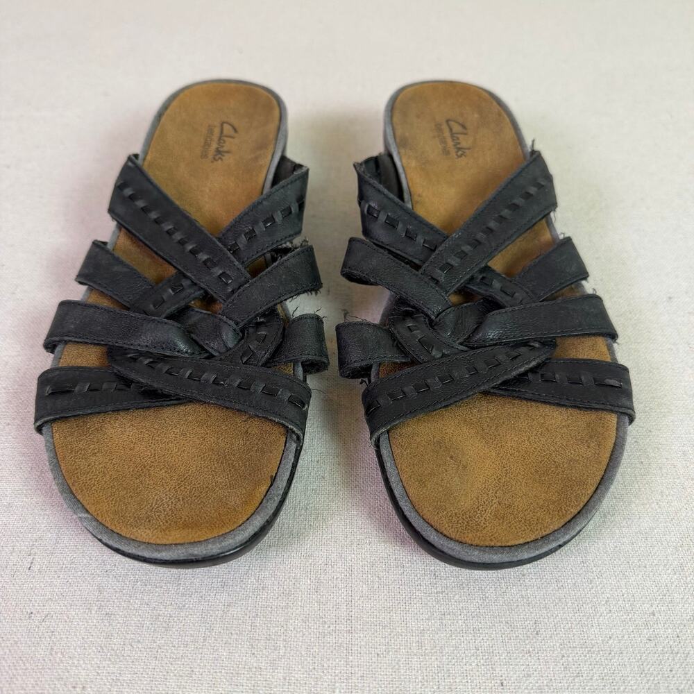 Clarks Bendables Black Leather Slide Sandals Womens 11N Gina Eagle Comfort Mules - Picture 2 of 11